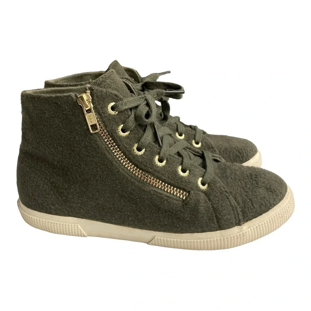 Superga Olive Wool Felt High Top Sneakers zipper, laces size 37 1/2 = 7 US